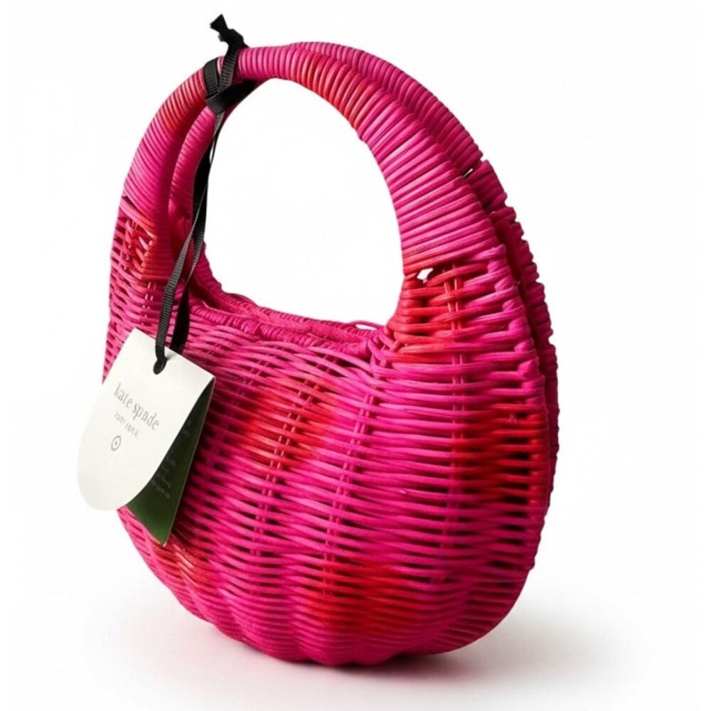 Kate Spade New York x Target NWT Pink Red Polka Dot Woven Straw Crescent Bag - Picture 2 of 6